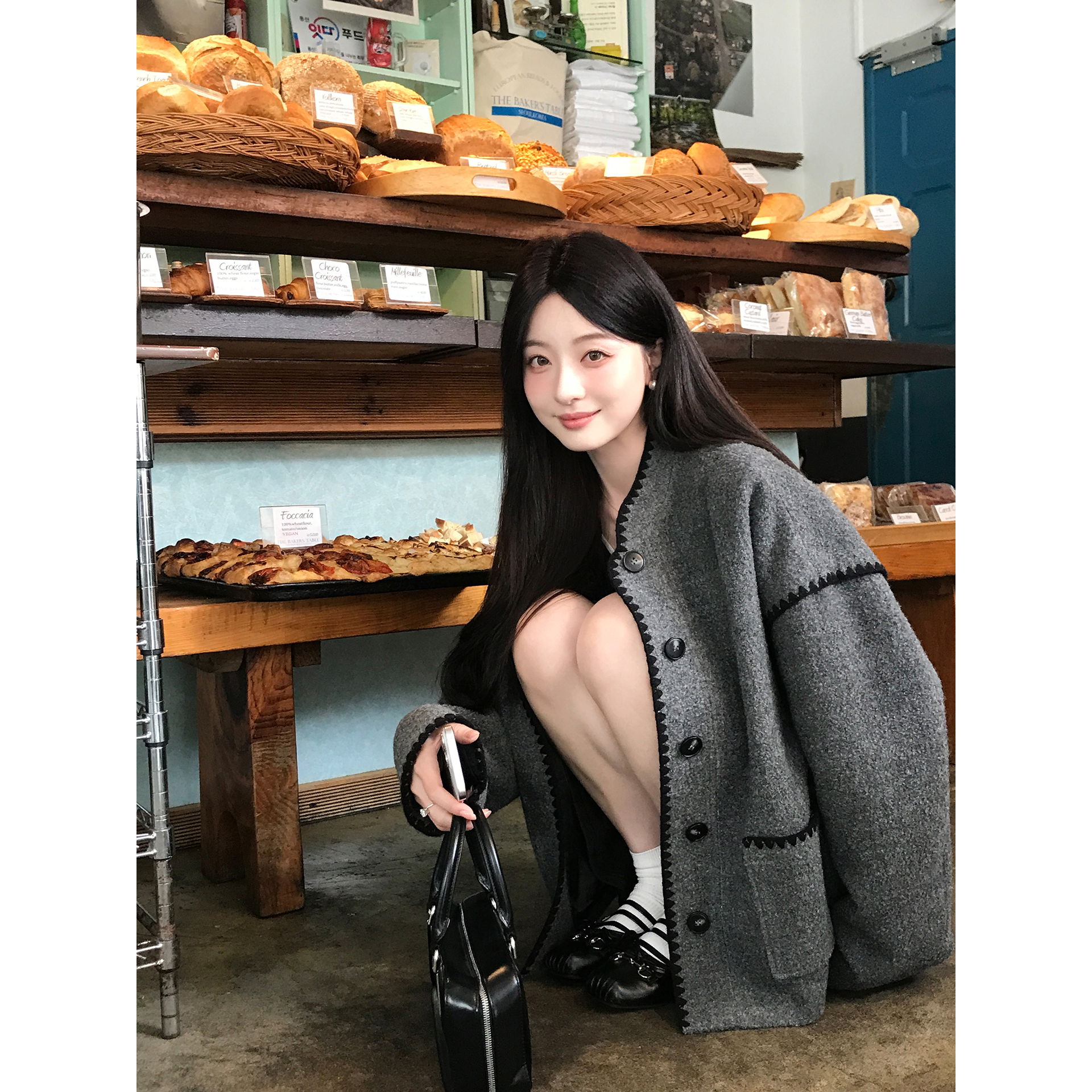 夏诗文 羊毛圈圈呢肌理感短外套女定织立体贝壳绣撞色宽松秋大衣