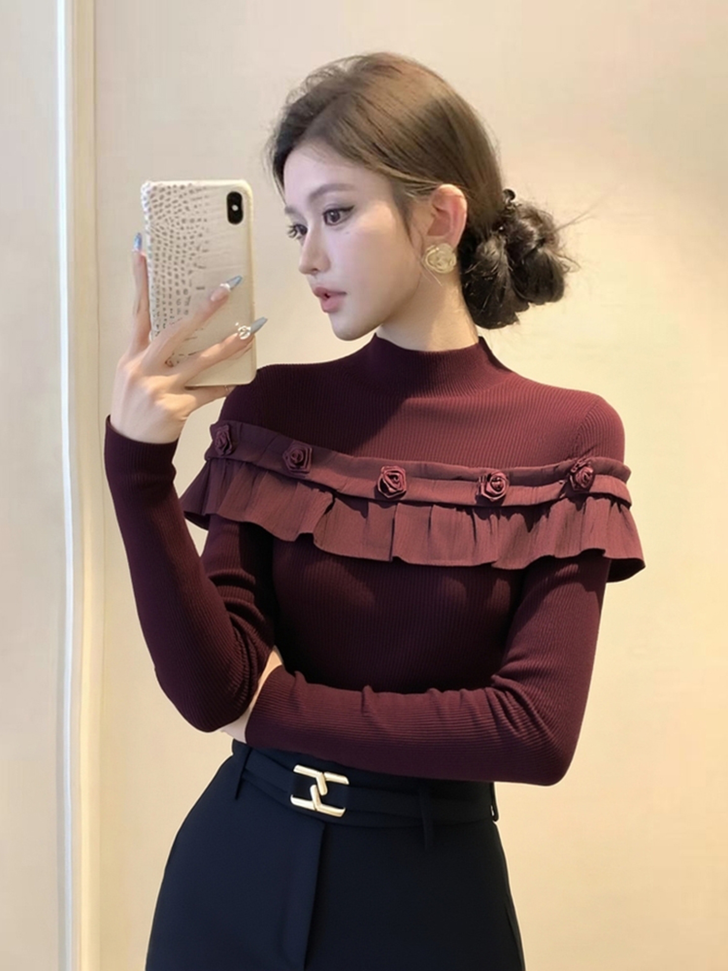 小众设计感酒红色立领打底衫秋冬新款时尚百搭荷叶边拼接内搭上衣