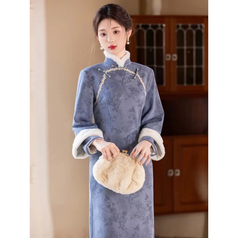 808-雾蓝色 冬款 美玲经 加厚 年轻 旗袍