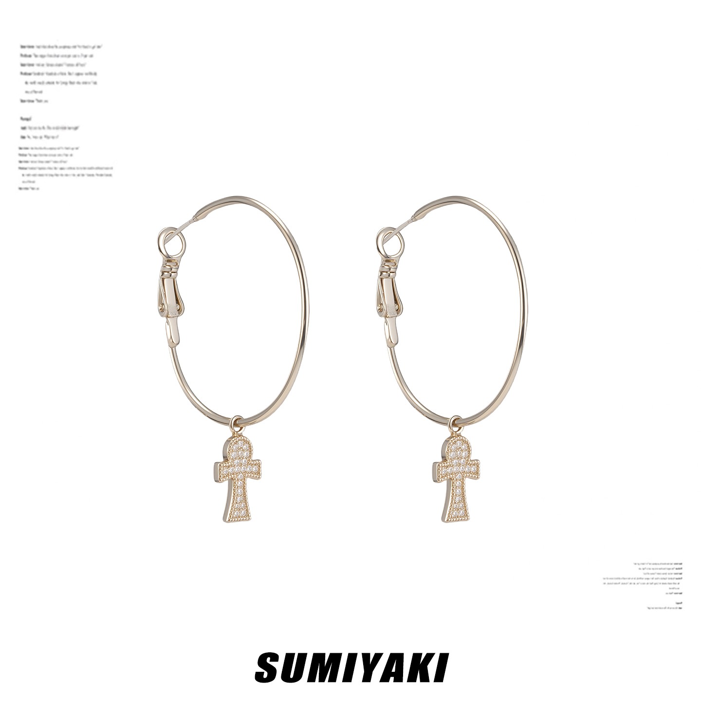 铜合金合成锆石耳饰 SUMIYAKI 满钻安卡十字架中号耳圈显瘦显脸小