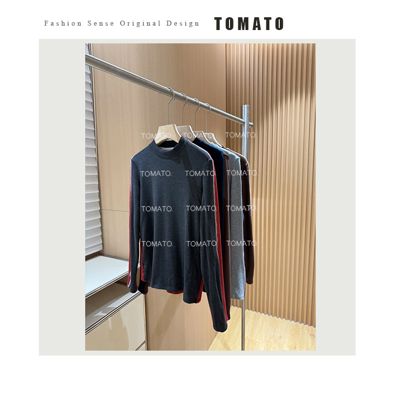 TomaTo-DU家定制韩版设计感显瘦外缝线拼色打底长袖上衣C25T47818