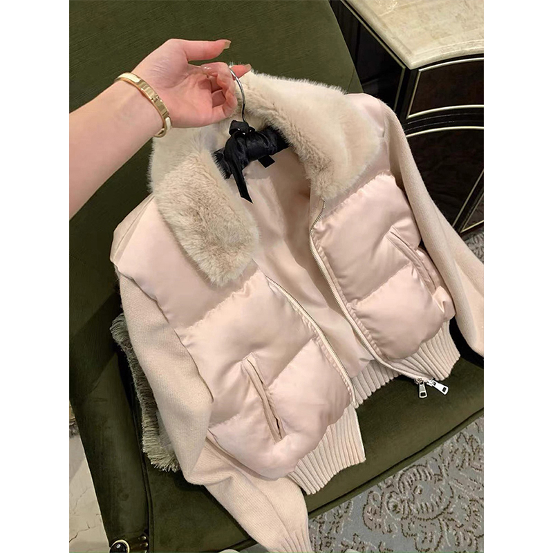 韩版粉色针织拼接毛领棉服女2025冬季新款千金风气质保暖棉衣外套