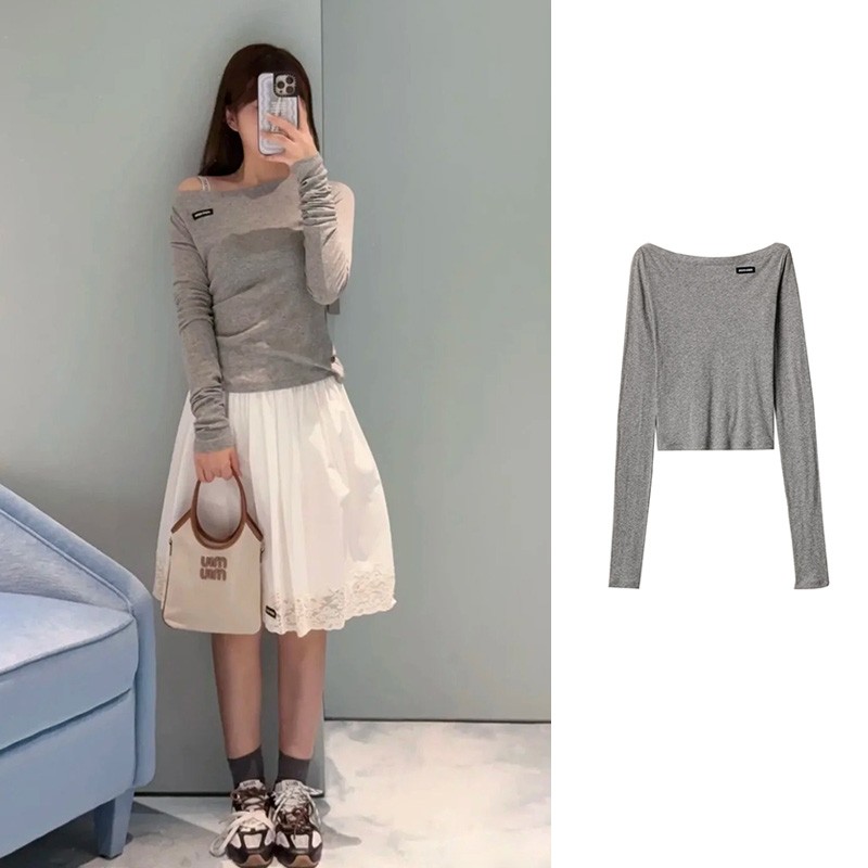 未使用 MIU MIU/缪缪 灰色徽标露肩长袖T恤 MT2118-133O-F0031