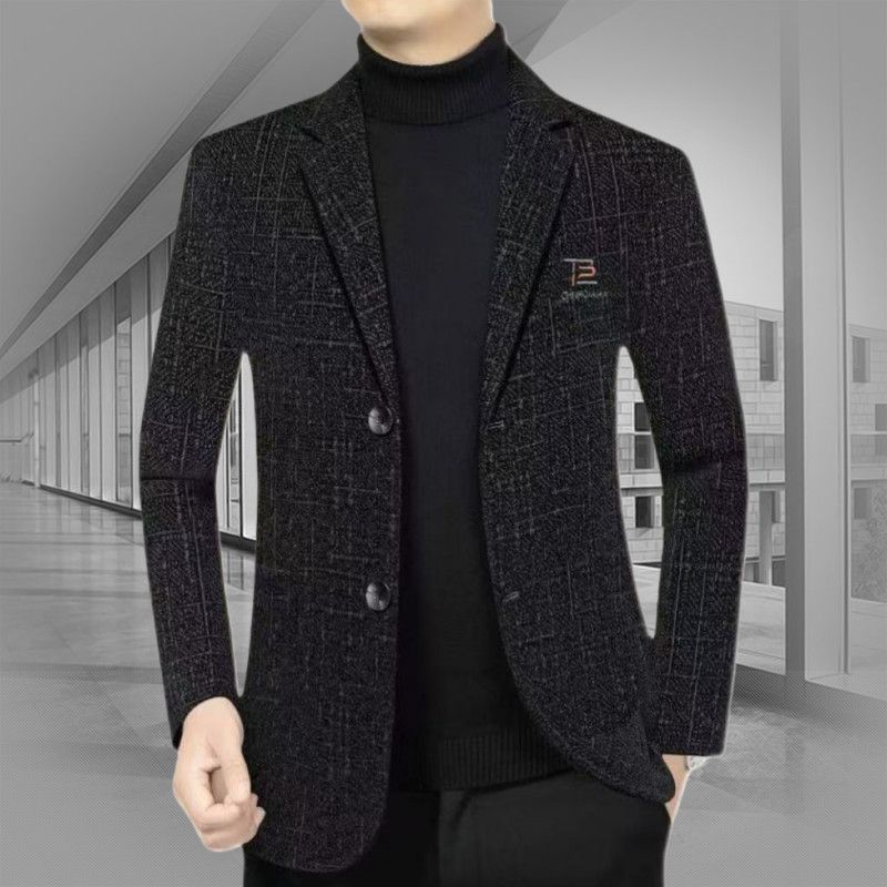 秋冬加绒加厚西服外套男士商务休闲毛呢保暖中年爸爸西装上衣