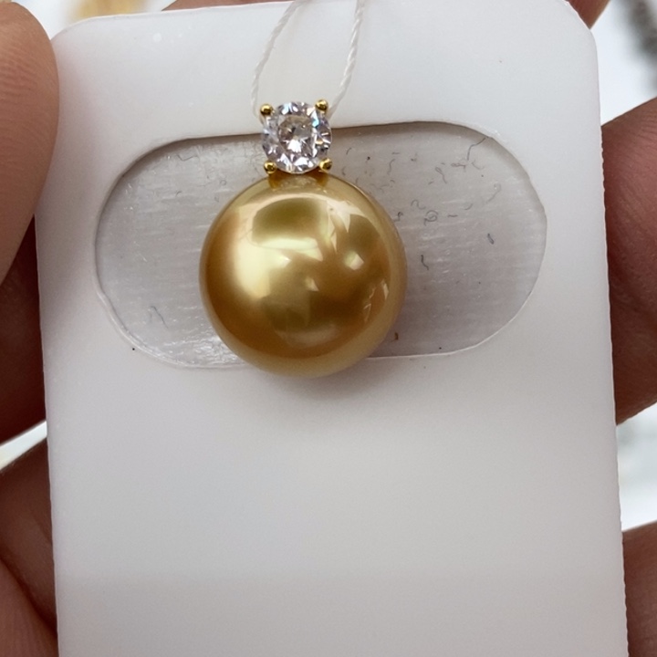 吊坠海水珍珠银S925镶嵌12.2mm正圆深浓茶金小极光