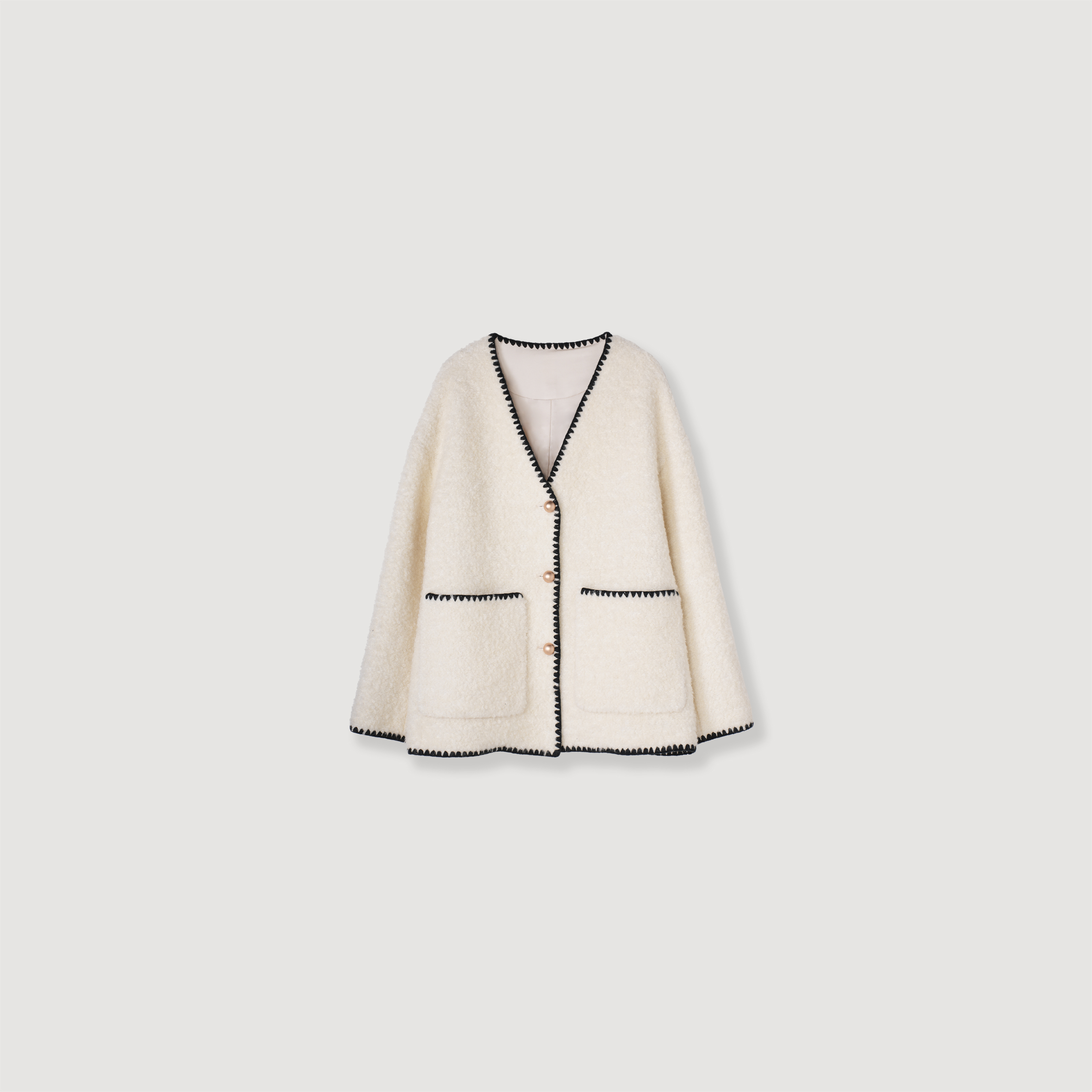 法式黑白撞边V领羊毛混纺宽松H型大衣1418