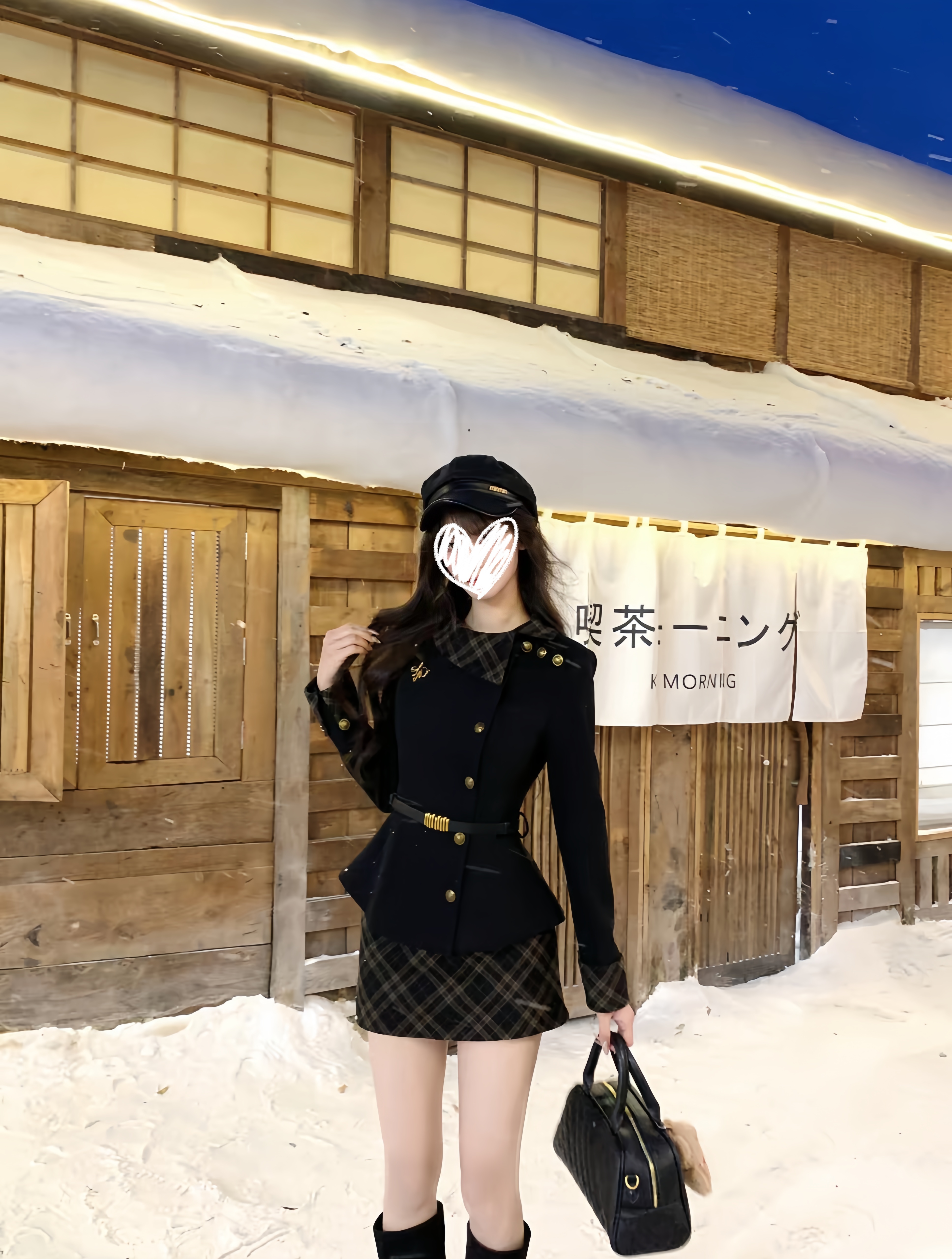  英伦骑士 秋冬法式名媛气质甜美可爱呢子外套格纹半裙千金风套装