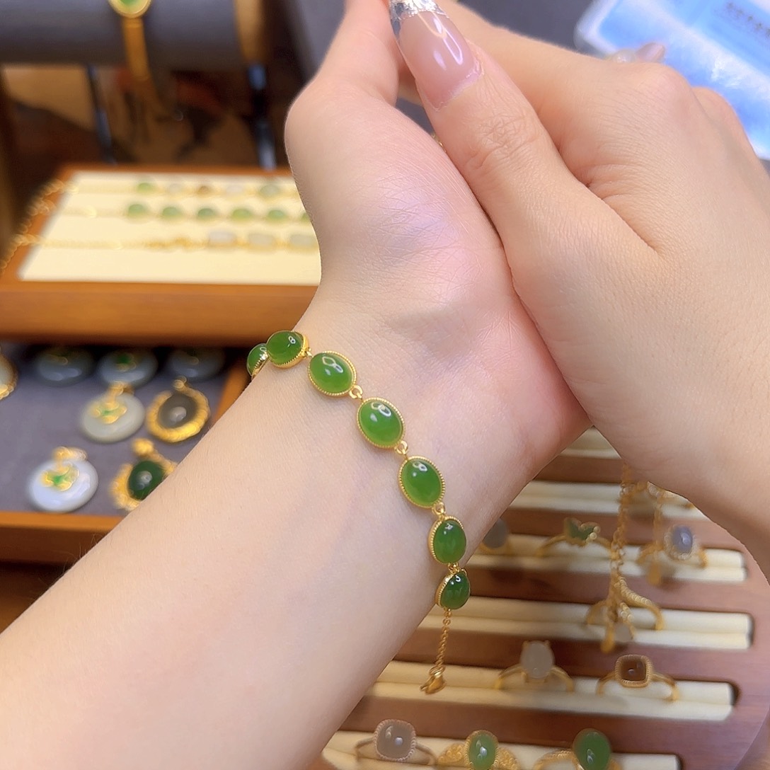 和田玉手链银S925镀金镶嵌