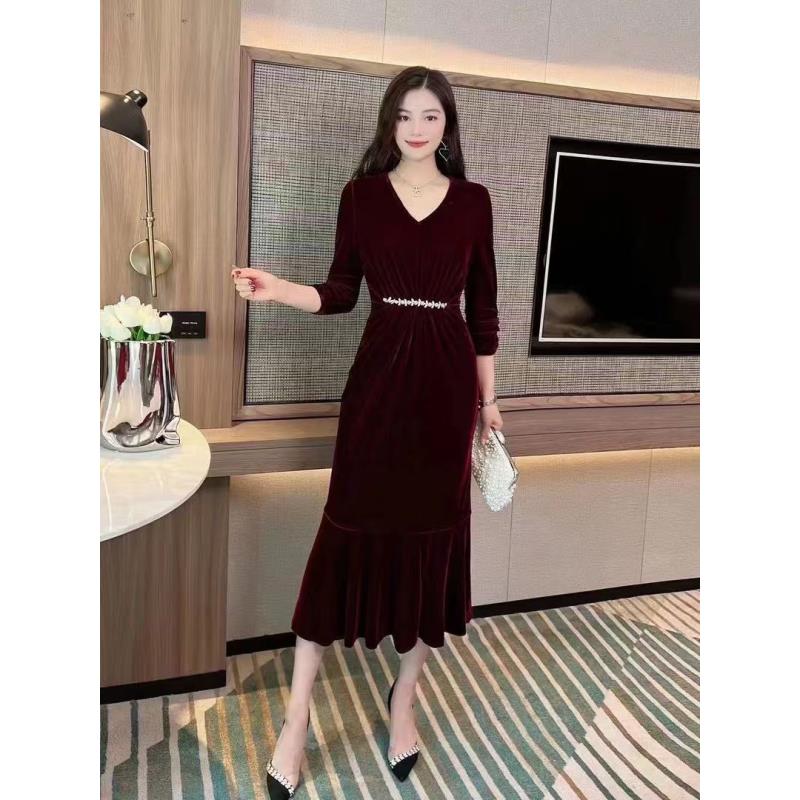 【Y3346】黑色金丝绒气质开叉连衣裙