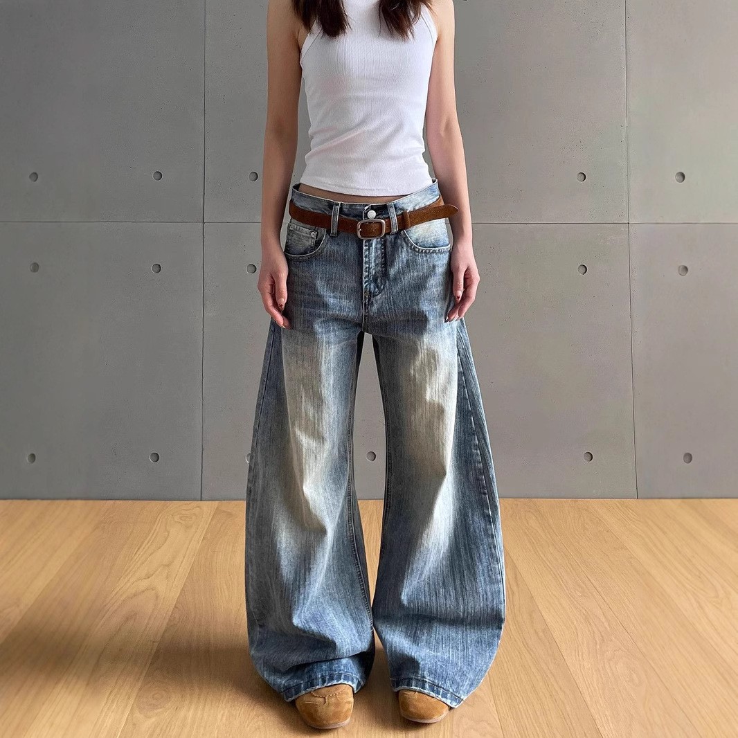 大码美式高街做旧水洗弯刀牛仔裤新款小众高腰百搭直筒拖地阔腿裤