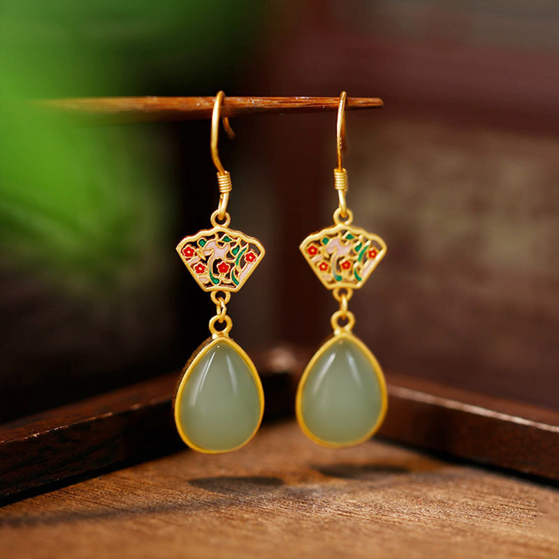 铜合金珐琅耳饰 中式宫廷风珐琅繁花似锦耳饰镶嵌轻奢古风耳环