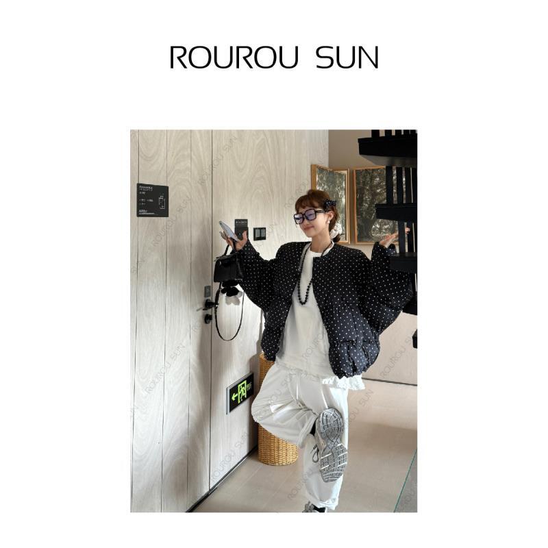 23052早秋款女装韩版短款休闲百搭独特波点圆领棉服外套