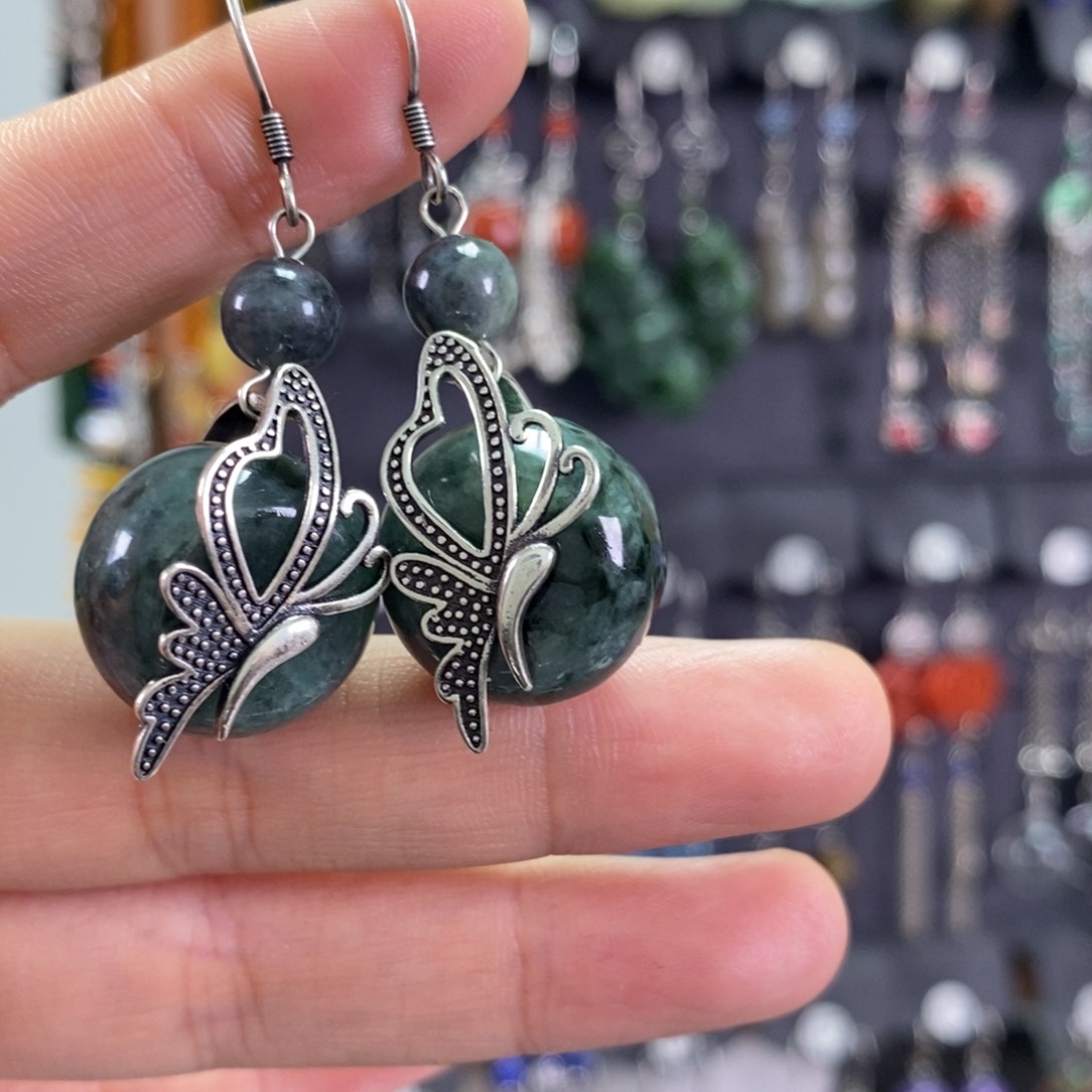 翡翠耳饰银S925镶嵌耳坠