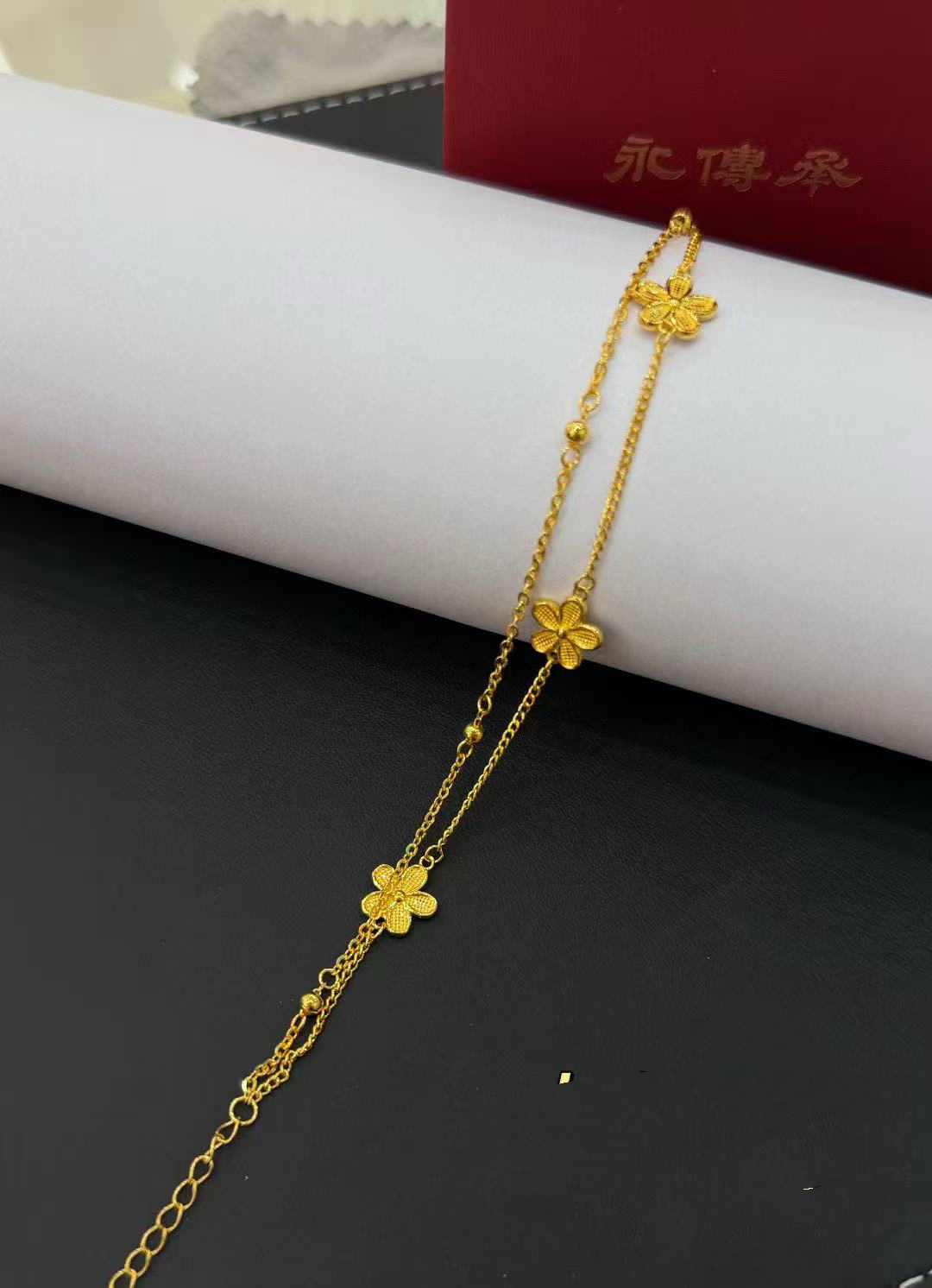 足银银制品 镀金银三花双层手链