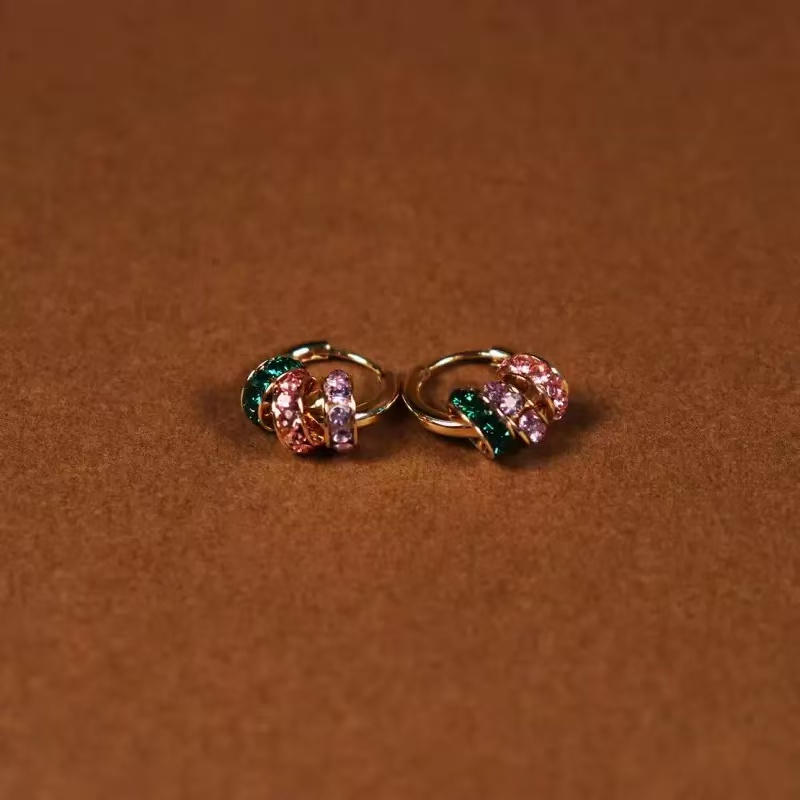 黄铜锆石耳饰 【春和景明】法式经典简约百搭三色串珠圈圈耳扣商品图