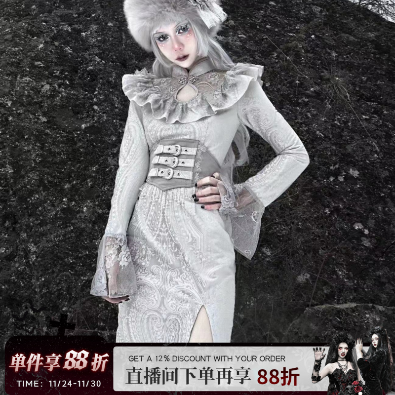 雪国的呼唤A白哥特蕾丝改良丝绒开衩连衣裙春季反季