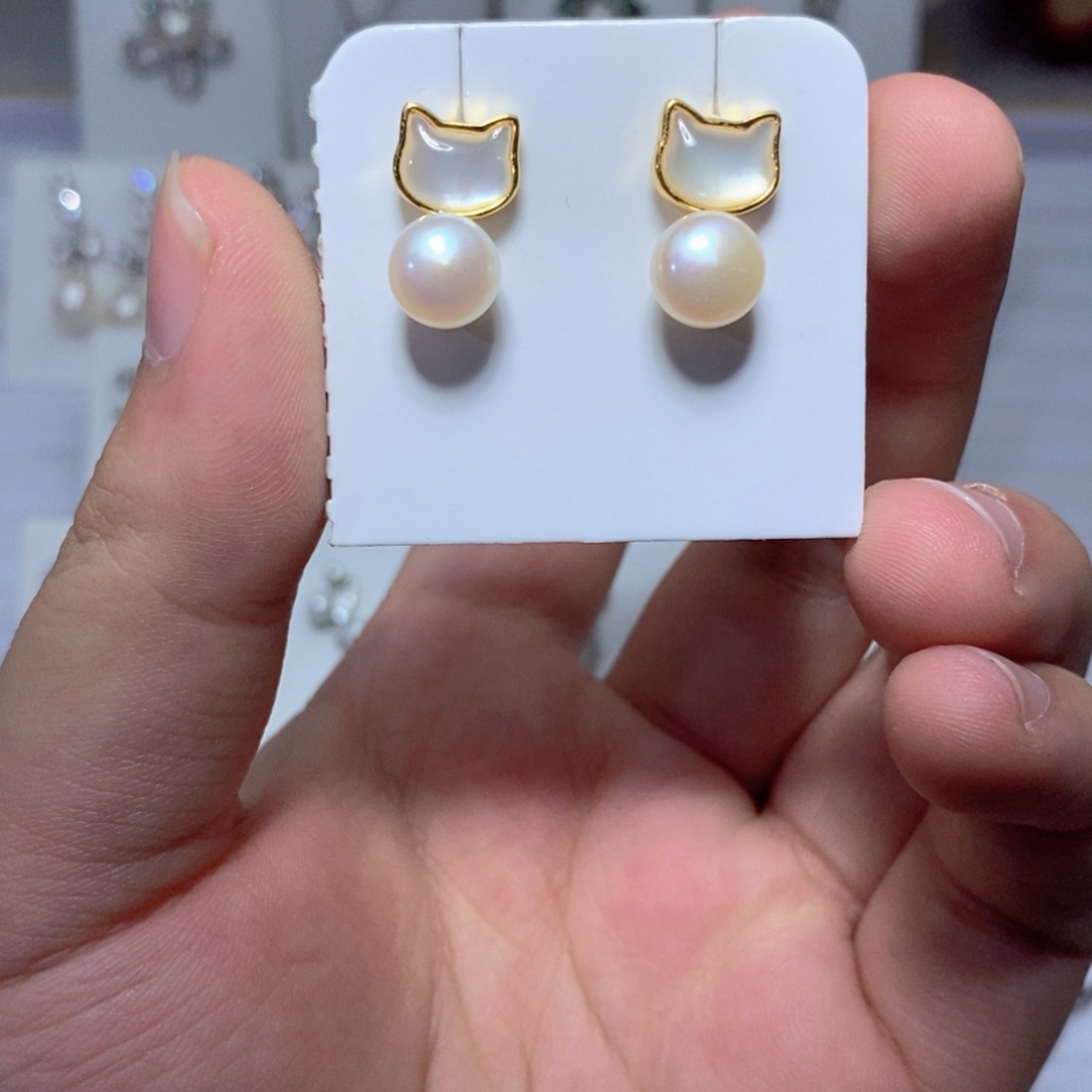 耳饰银S925镶嵌淡水珍珠