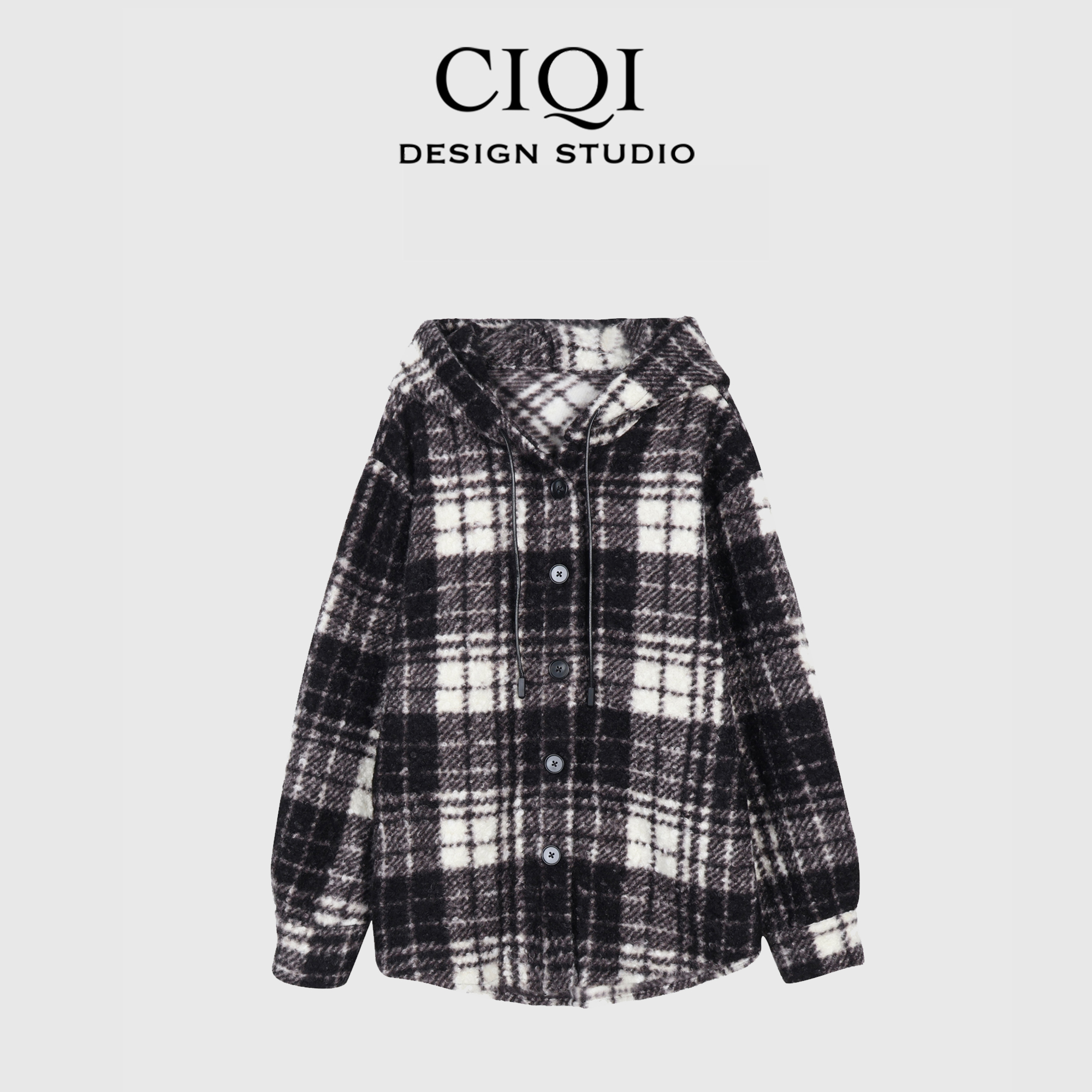 CIQI STUDIO【精简格调】秋冬定织定染圈圈毛格子单排扣外套192799