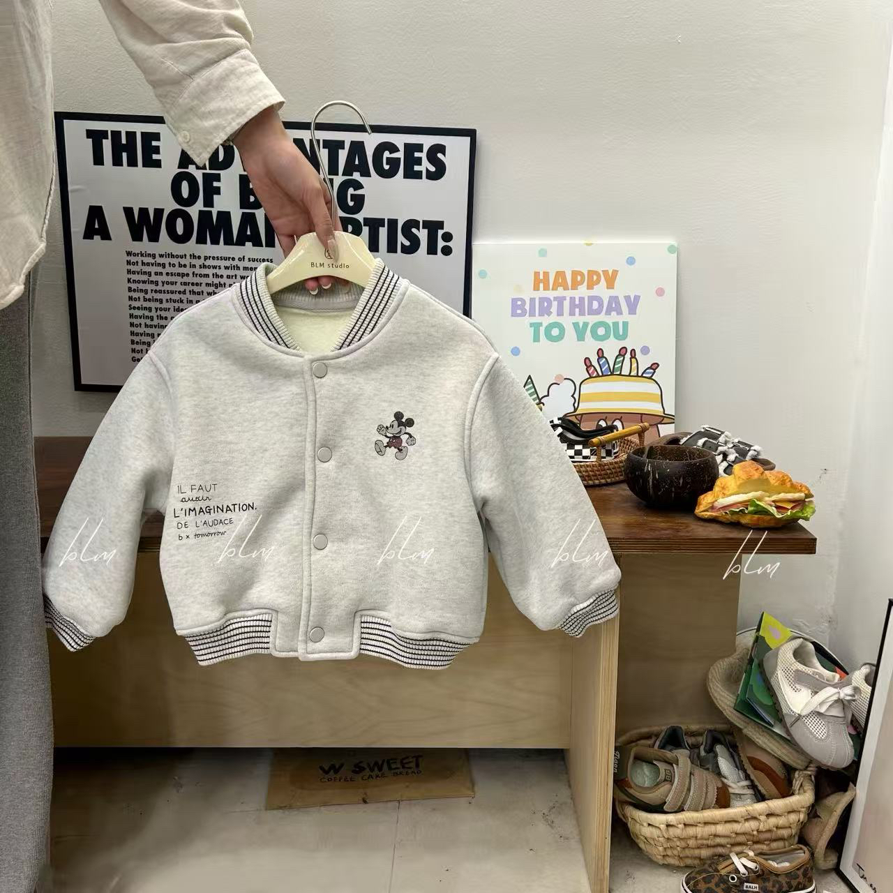 男童一体绒加厚外套2025新款宝宝韩版冬季棒球服女儿童卡通上衣