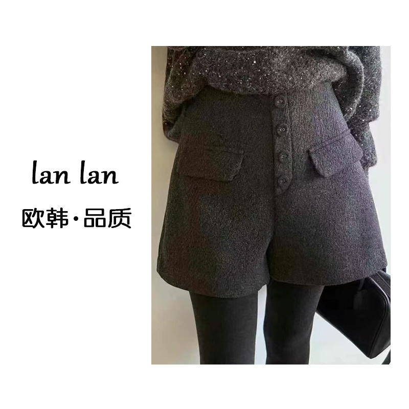 琪琪-春款【假口袋单排扣羊毛裤】韩版短裤高腰显瘦气质设计小众