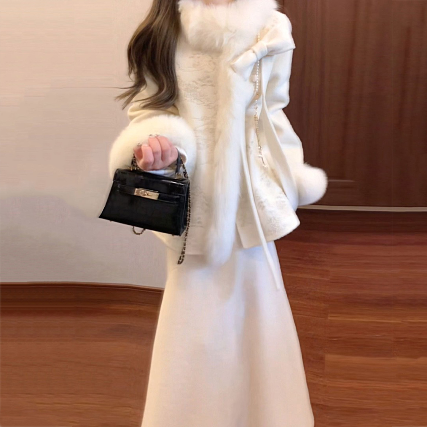 秋冬搭配一整套新中式毛领提花呢子外套大衣叠穿鱼尾连衣裙套装女