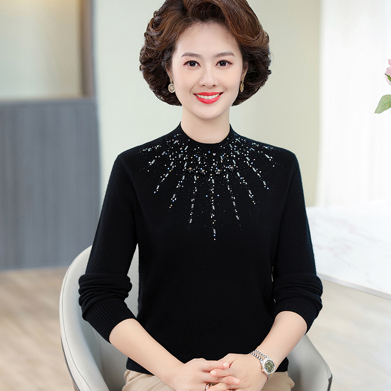 妈妈秋冬圆领全羊毛针织衫中年女长袖针织上衣保暖打底钉珠羊毛衫