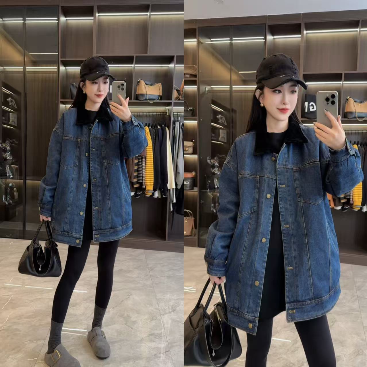 【丽丽家】冬季新款拼接领宽松版型牛仔棉服加厚外套