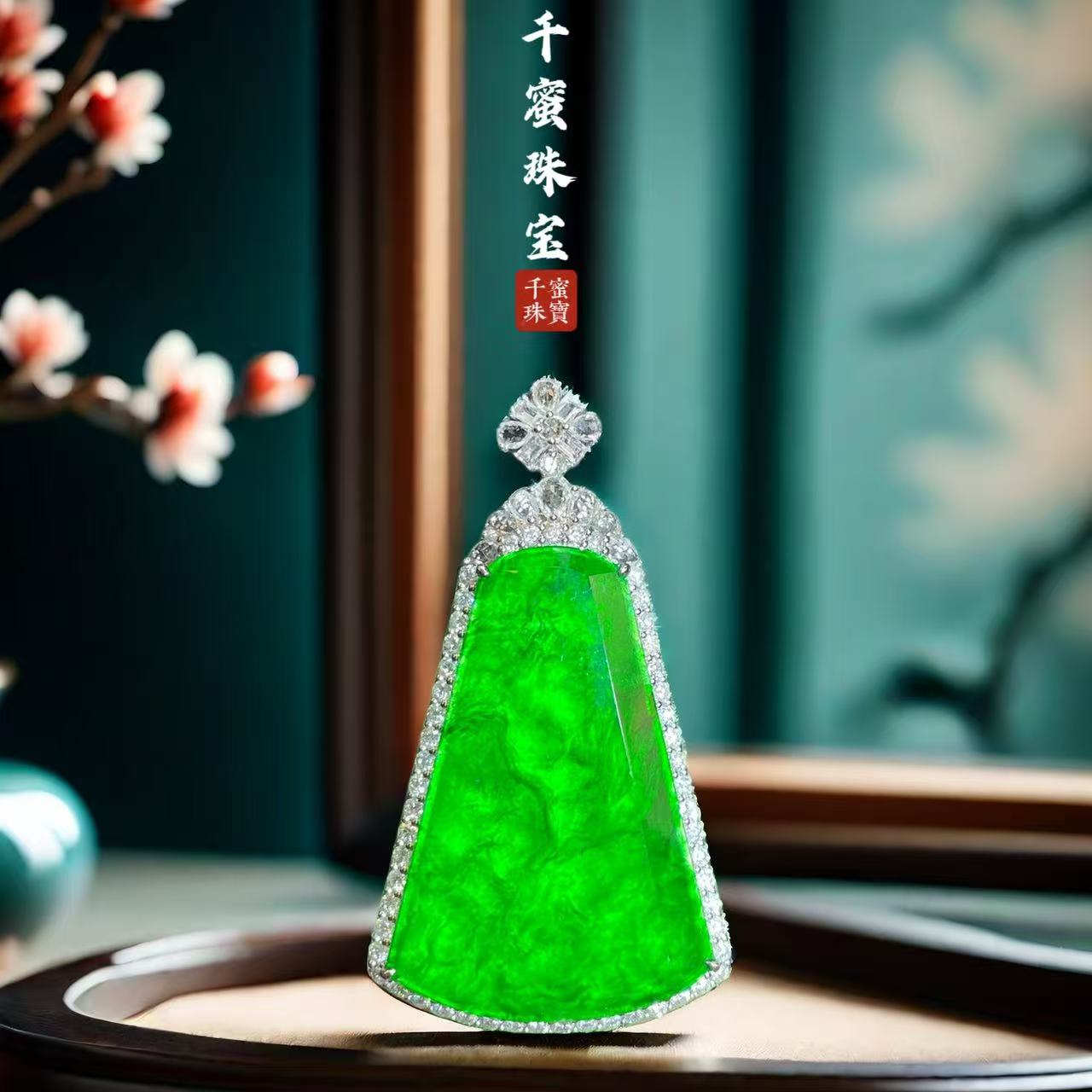 18k天然缅甸A货翡翠白金奢华扇形吊坠8Q9411