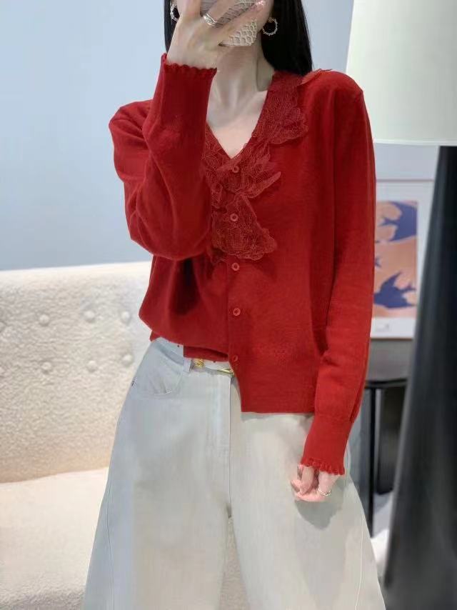 【波波家】新款小香风蕾丝V领边毛针织衫