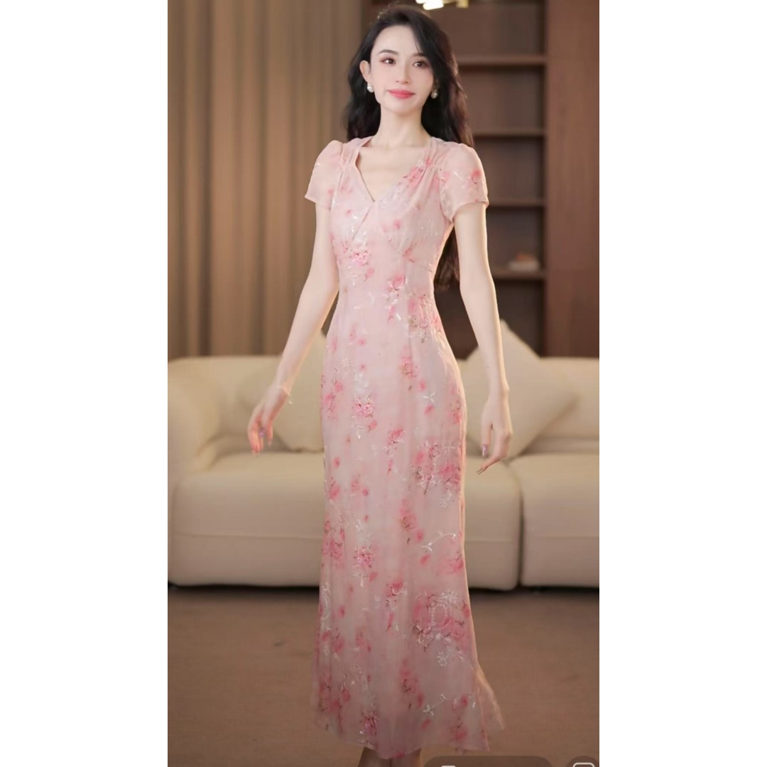 【yola】粉霞夏季新款高级法式气质显瘦鱼尾连衣裙-YL70174