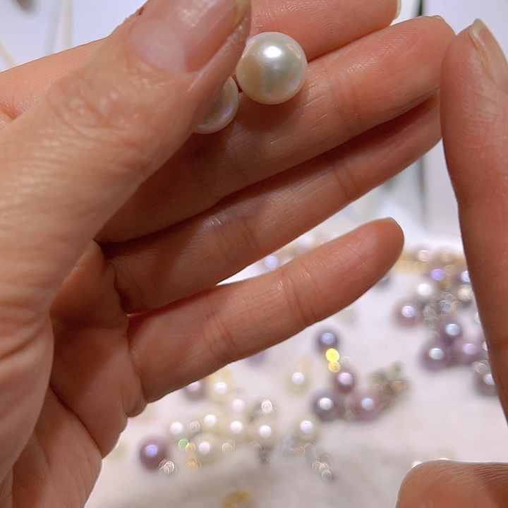 淡水珍珠白珠耳钉90银S925镶嵌