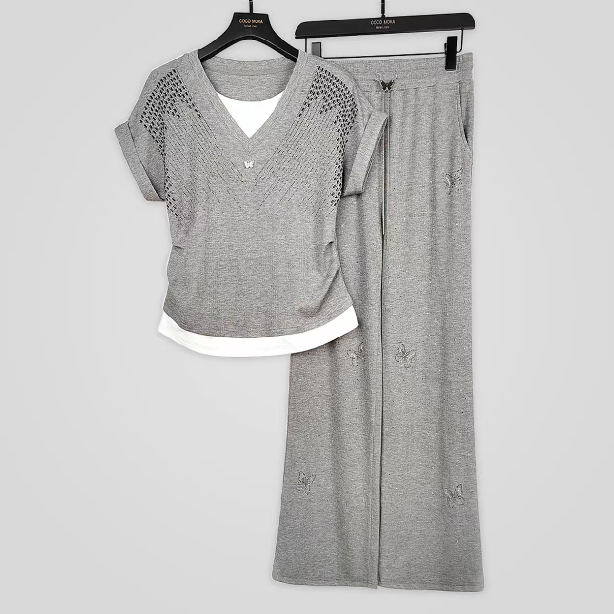 【集合店】休闲春季阔腿灰色设计师洋气休闲运动套装夏装减龄