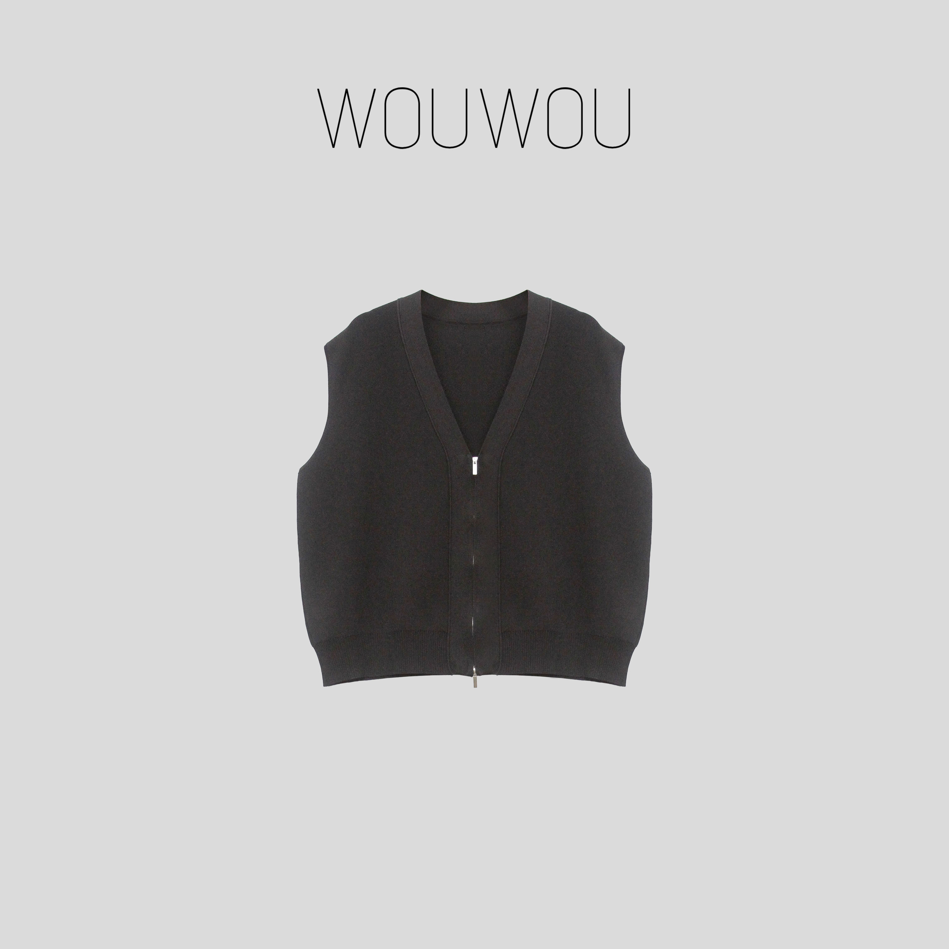 【WOUWOU】V领拉链无袖马甲外套