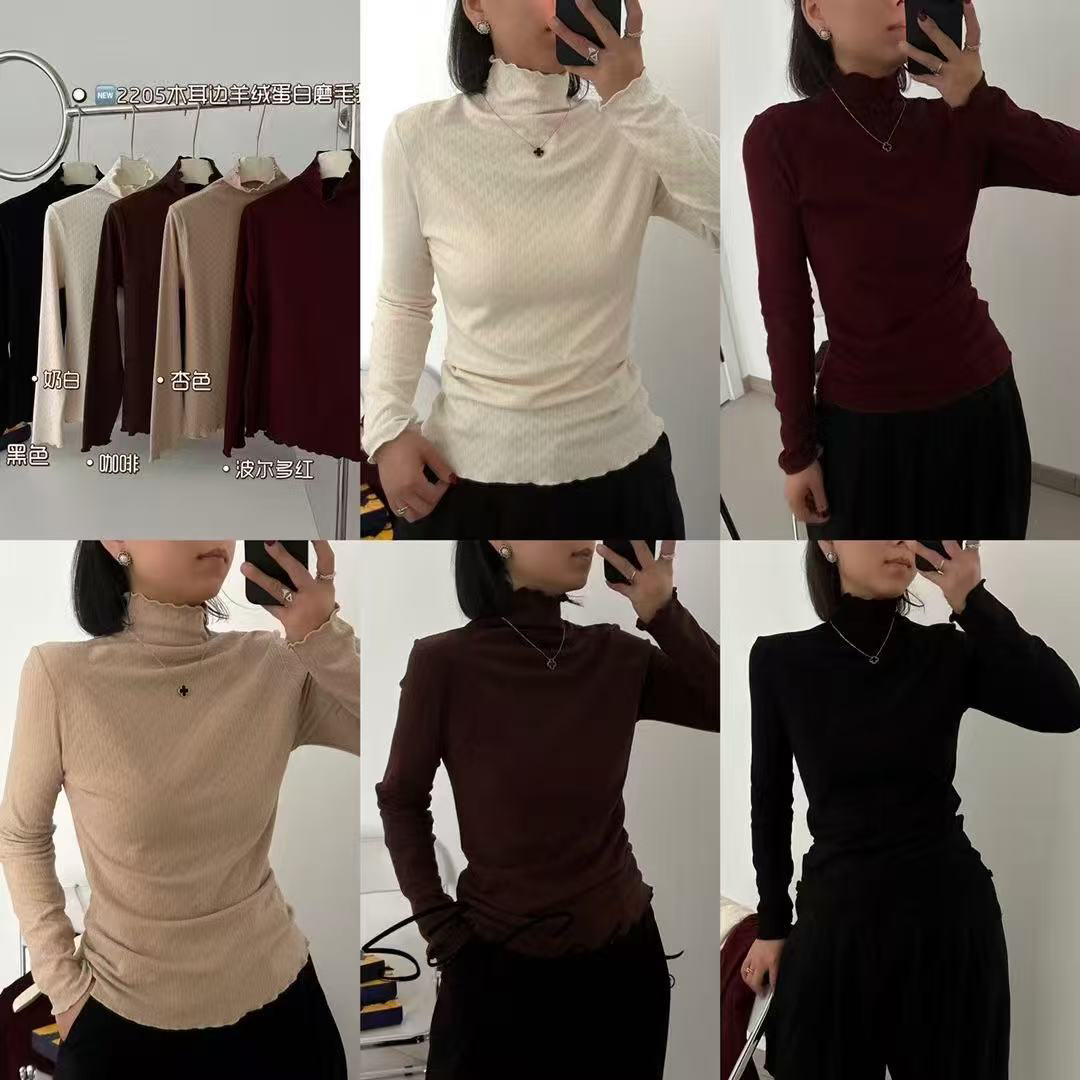 双面羊绒木耳边半高领打底衫女秋冬内搭加厚保暖长袖修身显瘦上衣