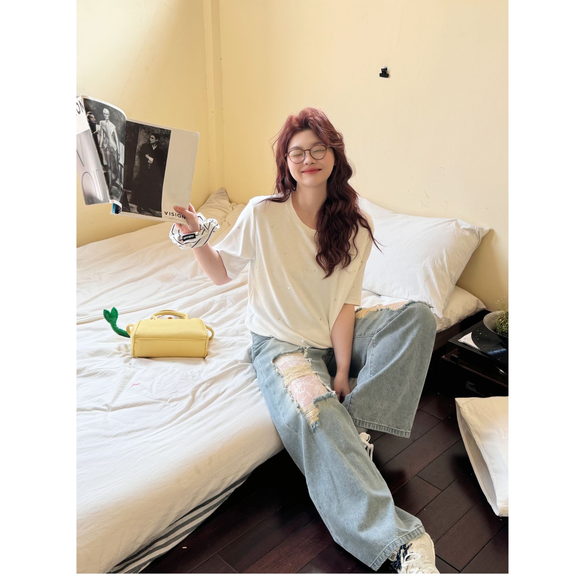 【满天星】韩系慵懒感宽松圆领纯色带烫钻短袖T恤