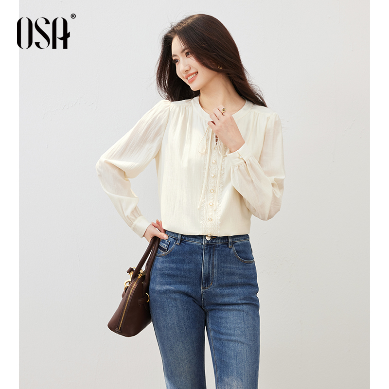 OSA/ 法式系带小V领长袖衬衫女蕾丝拼接肌理感上衣S125C12004