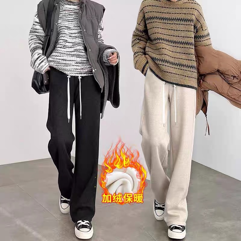 孕妇人字纹加绒加厚宽松阔腿裤2025秋冬抽绳可调节直筒裤休闲裤