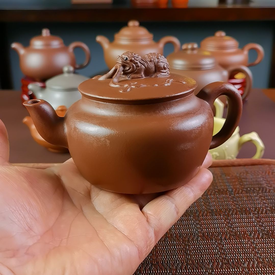 紫砂茶壶紫泥绶带狮钮300CC