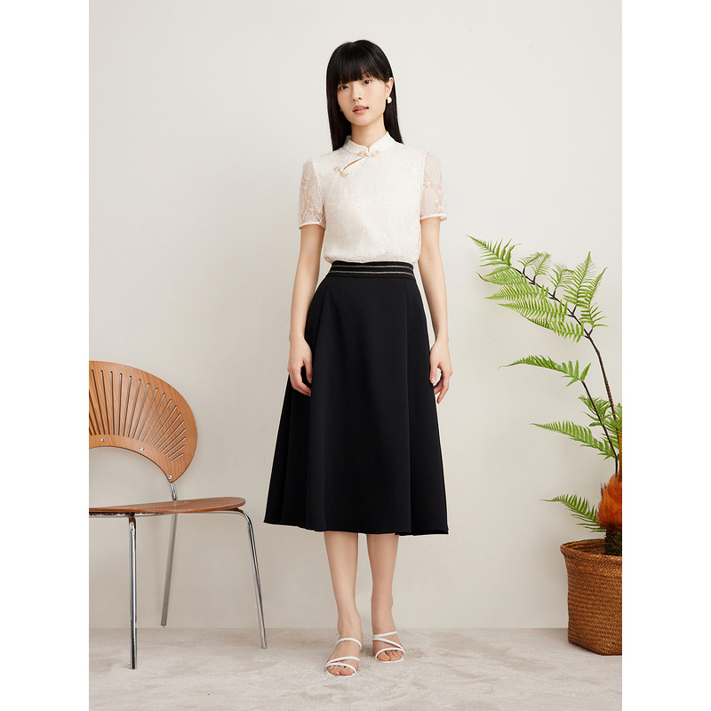 Goodland美地女装秋季法式通勤金属闪丝中长A字半身裙