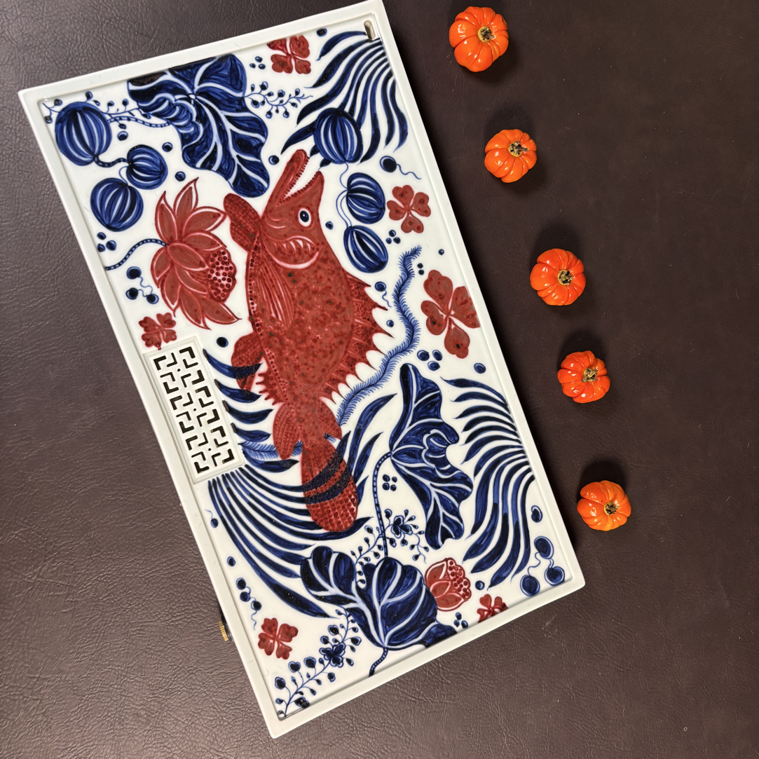 景德镇陶瓷 全手工手绘 青花釉里红鱼藻纹干湿两用双层泡台