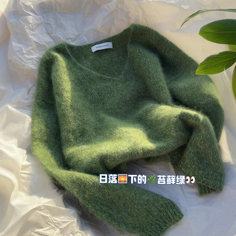 韩版慵懒风V领针织衫女秋冬新款胖MM大码女装软糯宽松高级感上衣