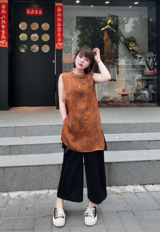 斜扣香云纱印花马甲一套(no退换)