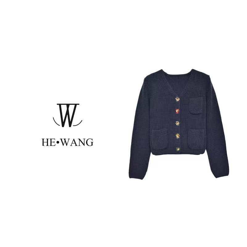 HW 长袖上衣毛针织衫针织衫女装彩扣针织开衫常规款-2536