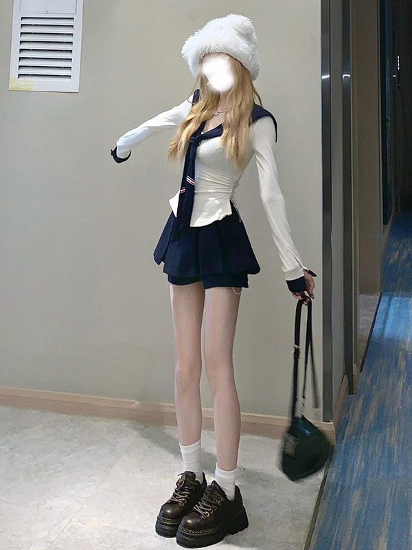 纯欲甜美风海军领上衣套装女性感设计感拼接打底衫高腰百褶半身裙