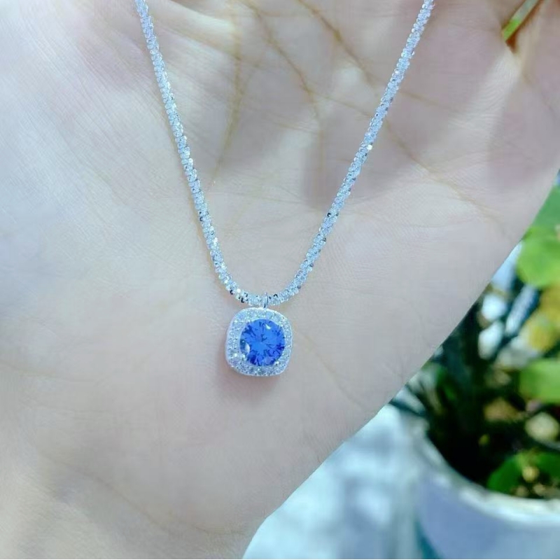 坠链均足银 990韩版波光粼粼满天星蓝钻方包项链