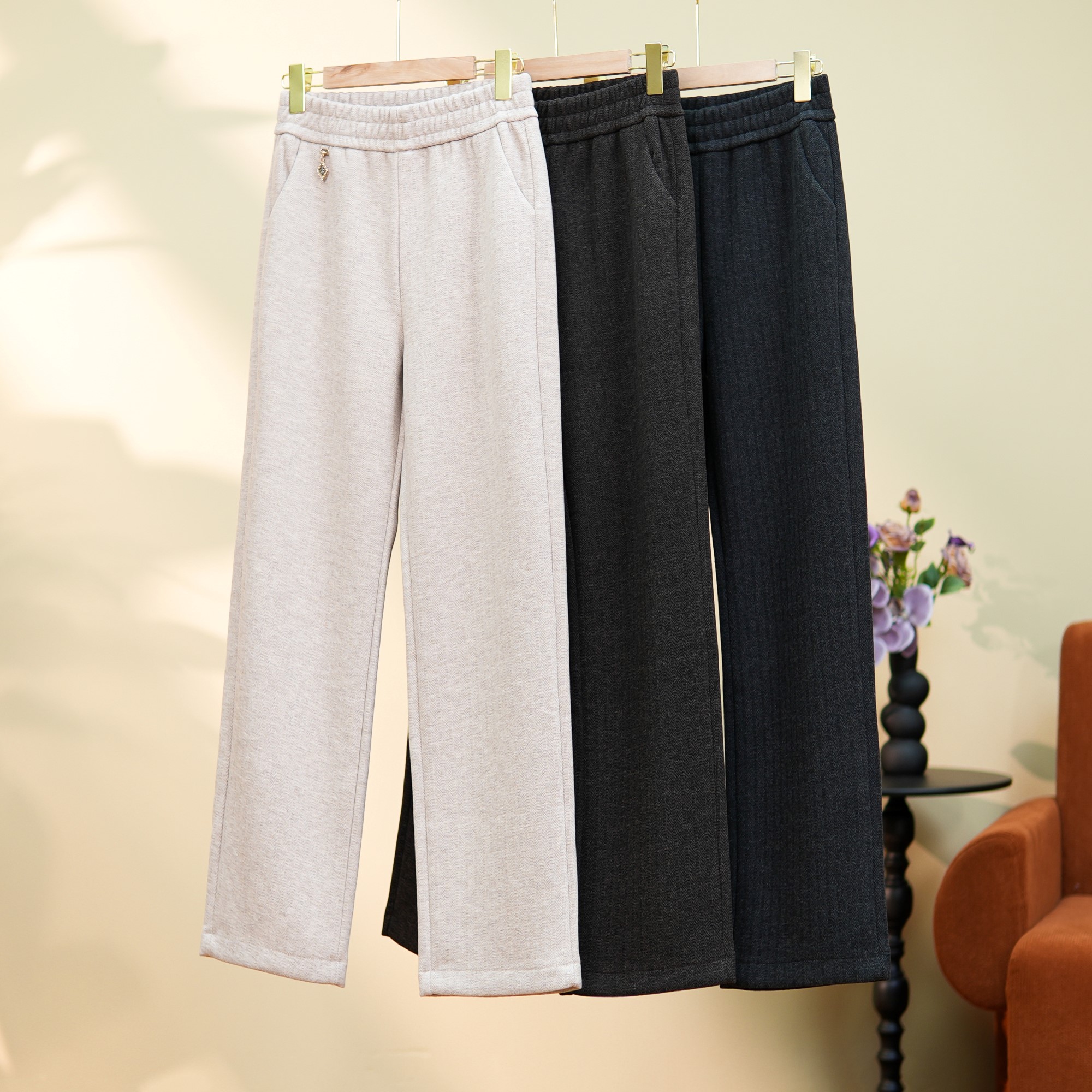 秋冬新款 羊绒人字纹毛呢直筒裤宽松休闲女裤高腰显瘦遮肉有垂感 