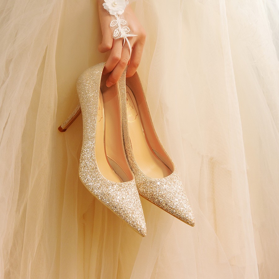 2025渐变水晶婚鞋女礼服高跟鞋不累脚主婚纱新娘鞋