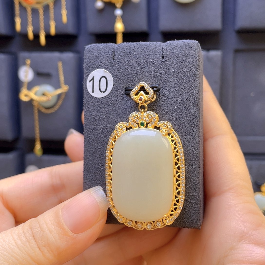 和田玉颈饰银S925镀金镶嵌