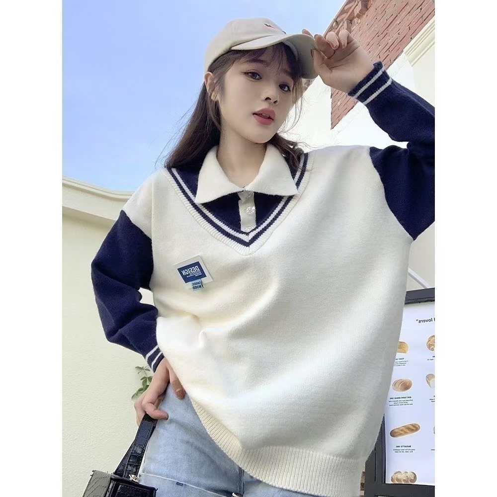 慵懒风少女青春甜美校园风立体蝴蝶结韩系网红糖果色宽松针织毛衣