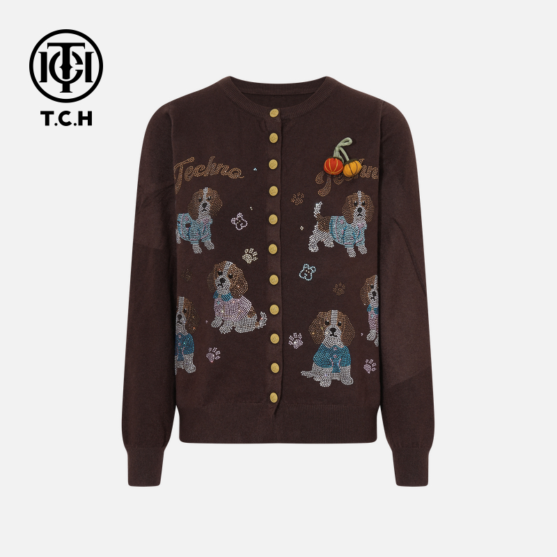 TCH【柔软舒适】秋冬时尚烫钻咖色休闲风女装针织开衫T75D43E1048